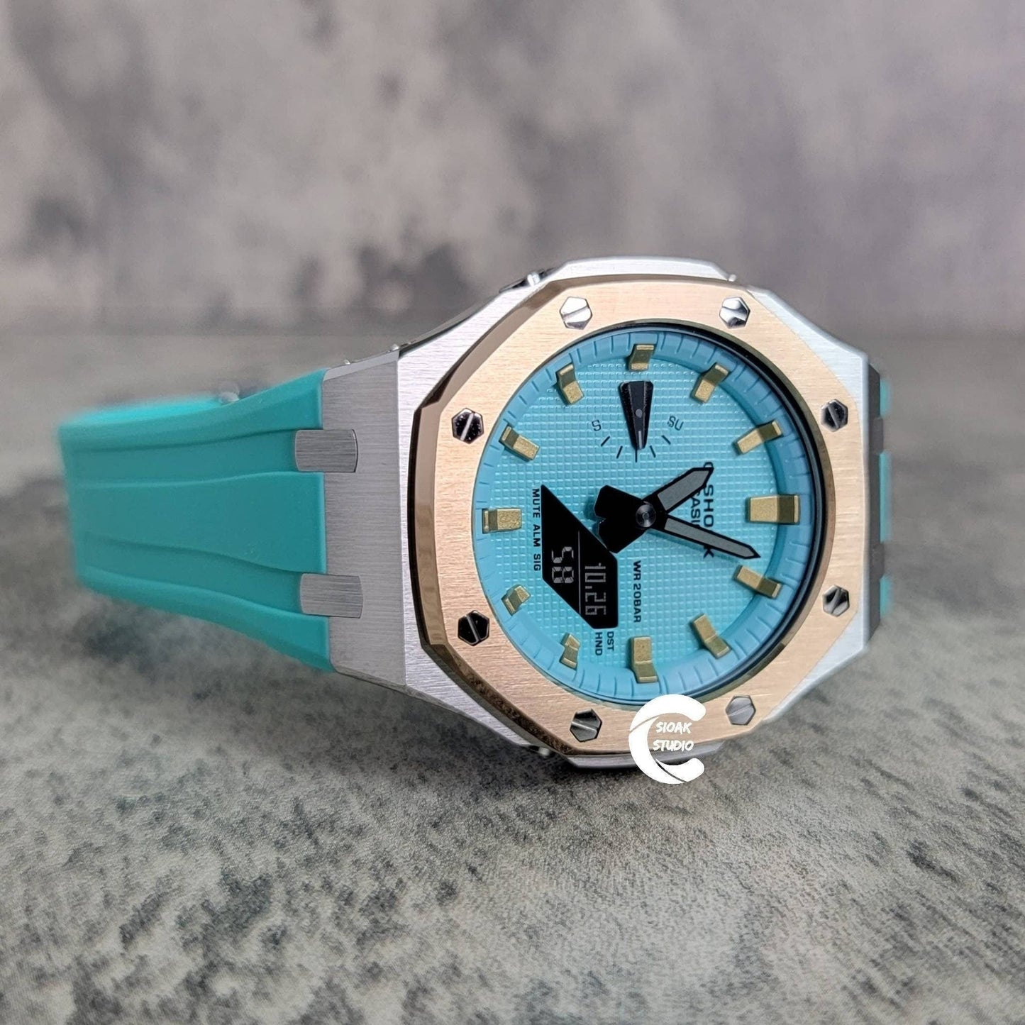 Casioak Mod Watch Rose Gold Silver Case Tiffany Rubber Strap Tiffany Gold Time Mark Tiffany Blue Dial 44mm - Casioak Studio