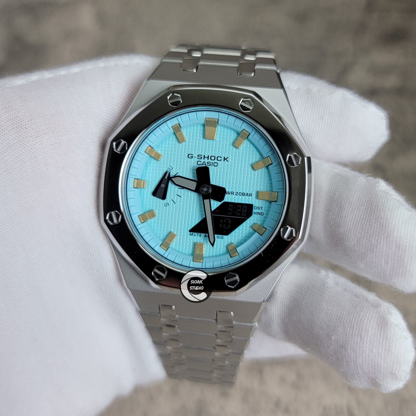 Casioak Mod Watch Polished Silver Case Metal Strap Tiffany Gold Time Mark Tiffany Blue Dial 44mm - Casioak Studio