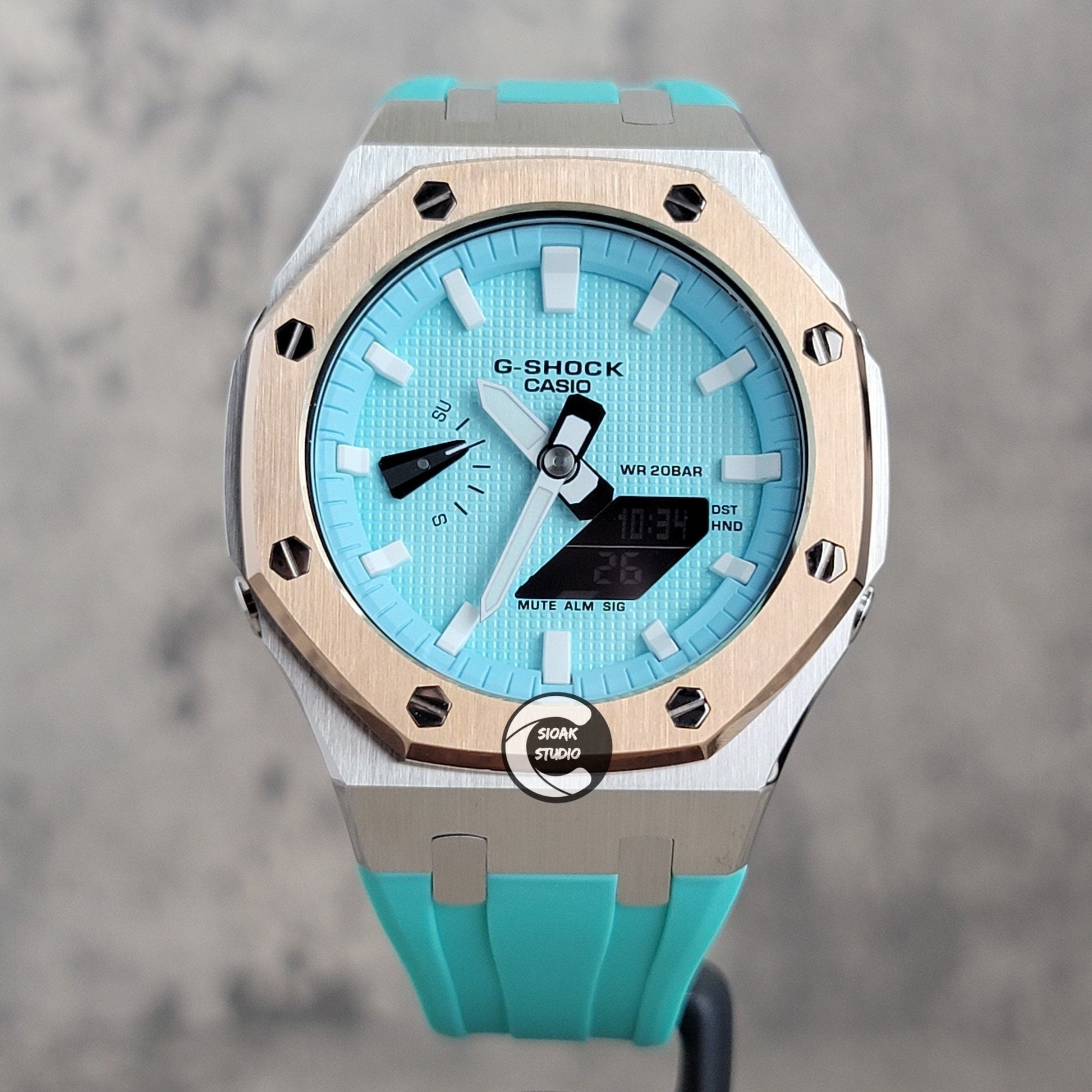 Casioak Mod Watch Rose Gold Silver Case Tiffany Rubber Strap Tiffany White Time Mark Tiffany Blue Dial 44mm - Casioak Studio