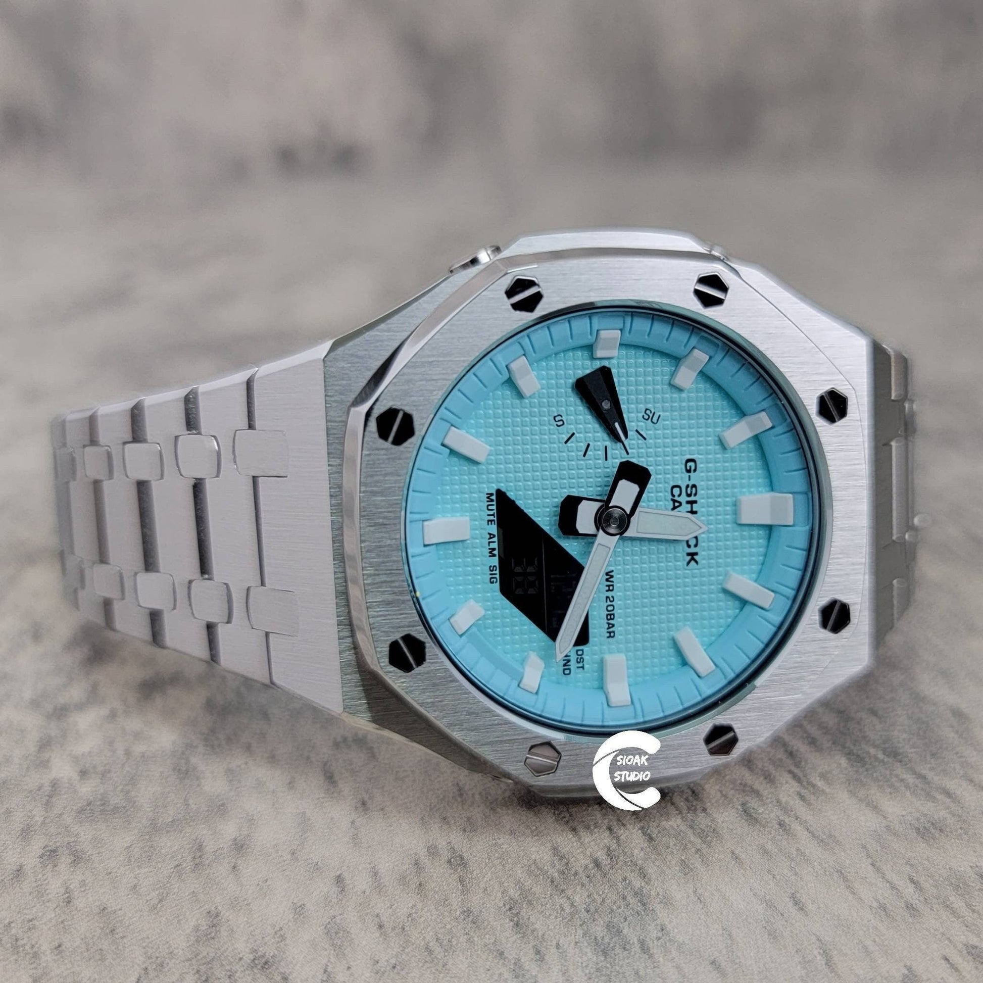 Casioak Mod Watch Silver Case Metal Strap Tiffany White Time Mark Tiffany Blue Dial 44mm - Casioak Studio