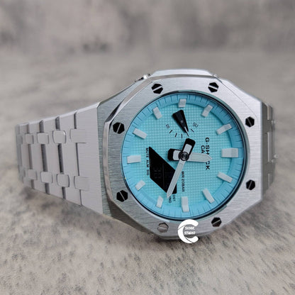 Casioak Mod Watch Silver Case Metal Strap Tiffany White Time Mark Tiffany Blue Dial 44mm - Casioak Studio