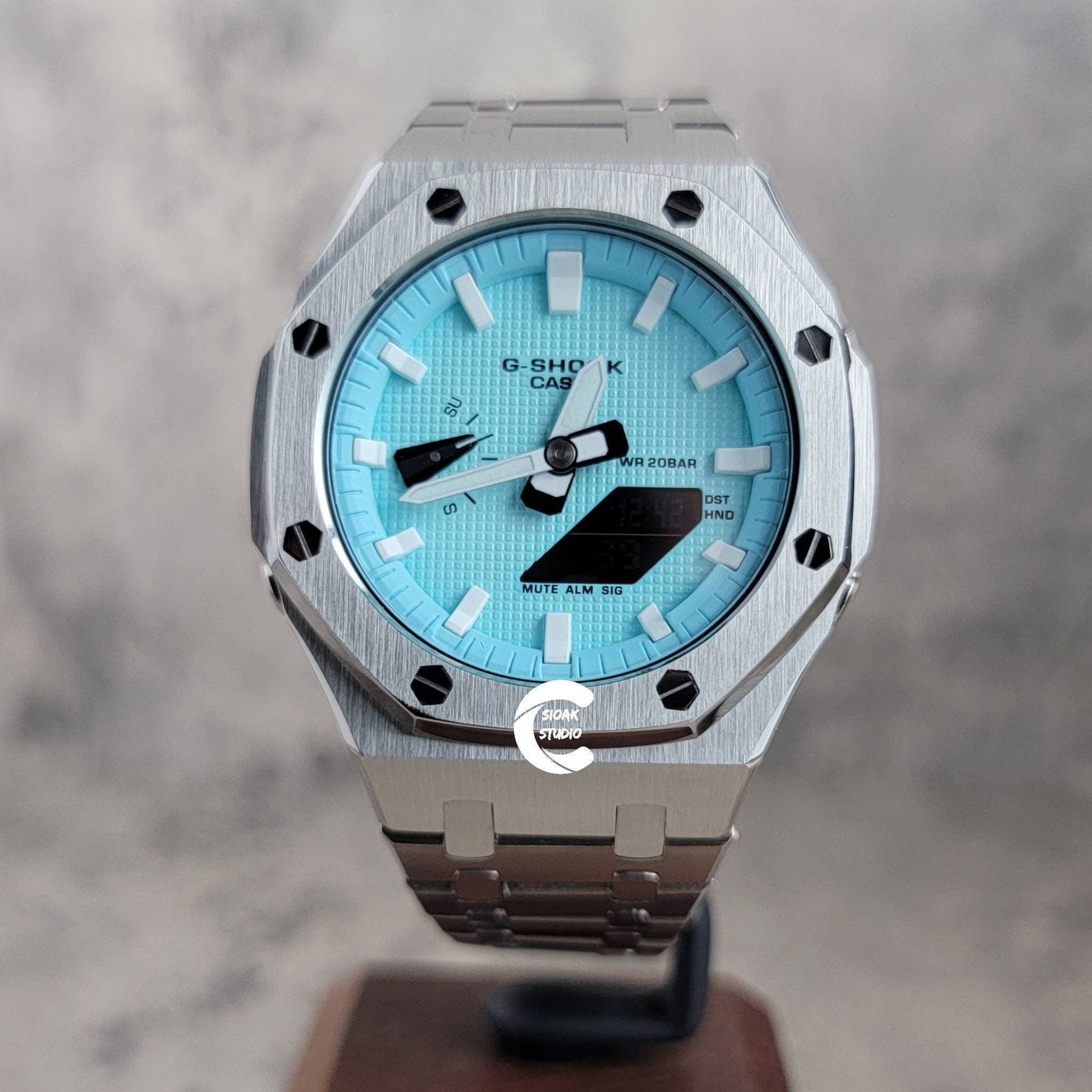 Casioak Mod Watch Silver Case Metal Strap Tiffany White Time Mark Tiffany Blue Dial 44mm - Casioak Studio