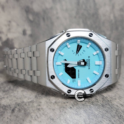 Casioak Mod Watch Offshore Superior Silver Case Metal Strap Tiffany White Time Mark Tiffany Blue Dial 44mm - Casioak Studio