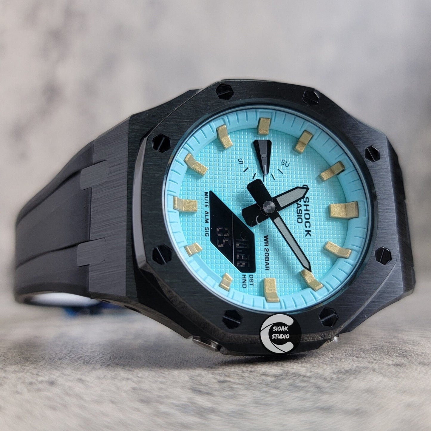 Casioak Mod Watch Black Case Black Rubber Strap Tiffany Gold Time Mark Tiffany Blue Dial 44mm - Casioak Studio