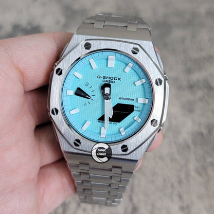 Casioak Mod Watch Offshore Superior Silver Case Metal Strap Tiffany White Time Mark Tiffany Blue Dial 44mm - Casioak Studio