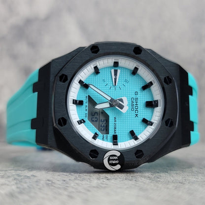 Casioak Mod Watch Black Case Tiffany Rubber Strap White Black Time Mark Tiffany Blue Dial 42mm - Casioak Studio