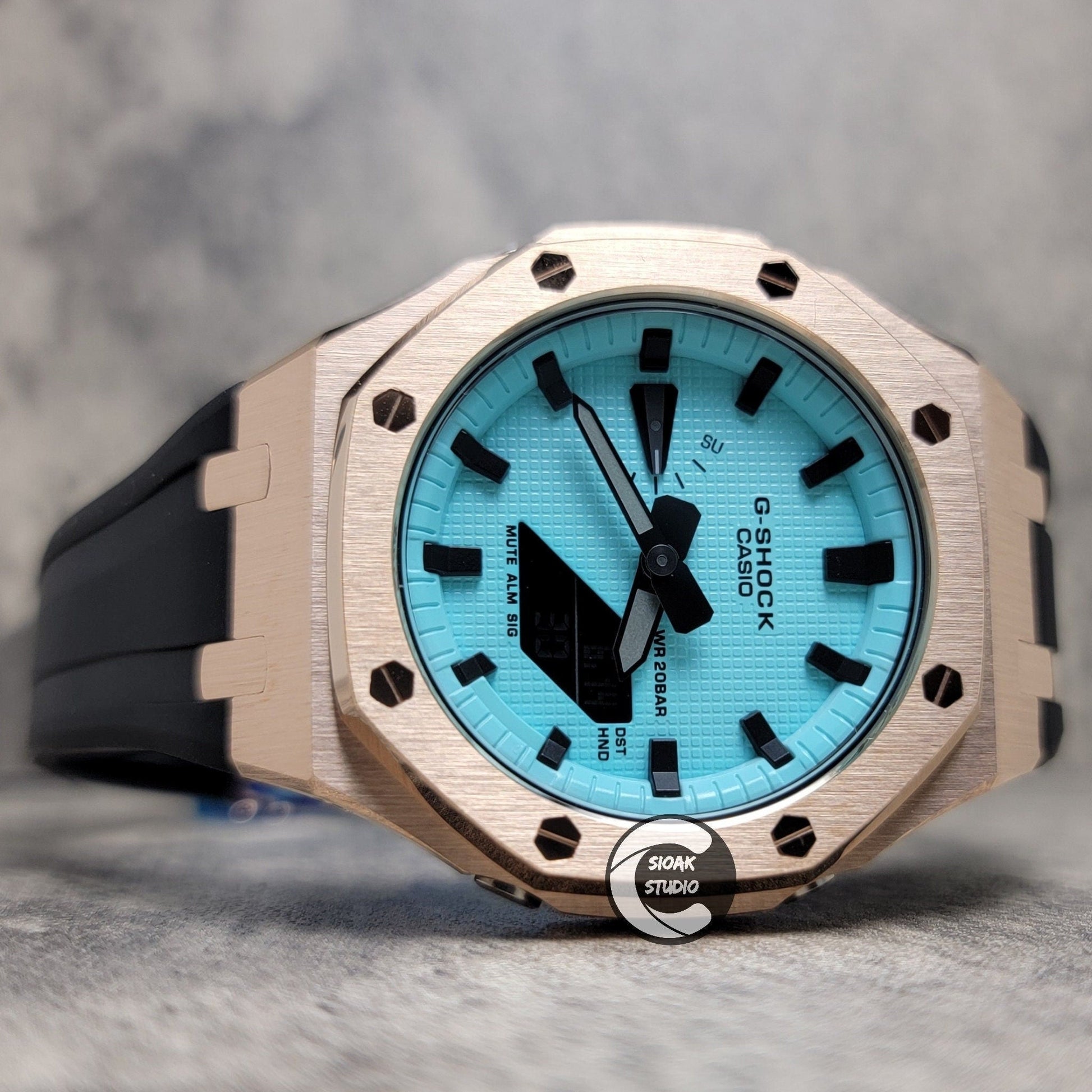 Casioak Mod Watch Rose Gold Case Black Rubber Strap Tiffany Time Mark Tiffany Blue Dial 44mm - Casioak Studio