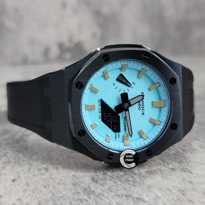 Casioak Mod Watch Black Case Black Rubber Strap Tiffany Gold Time Mark Tiffany Blue Dial 44mm - Casioak Studio