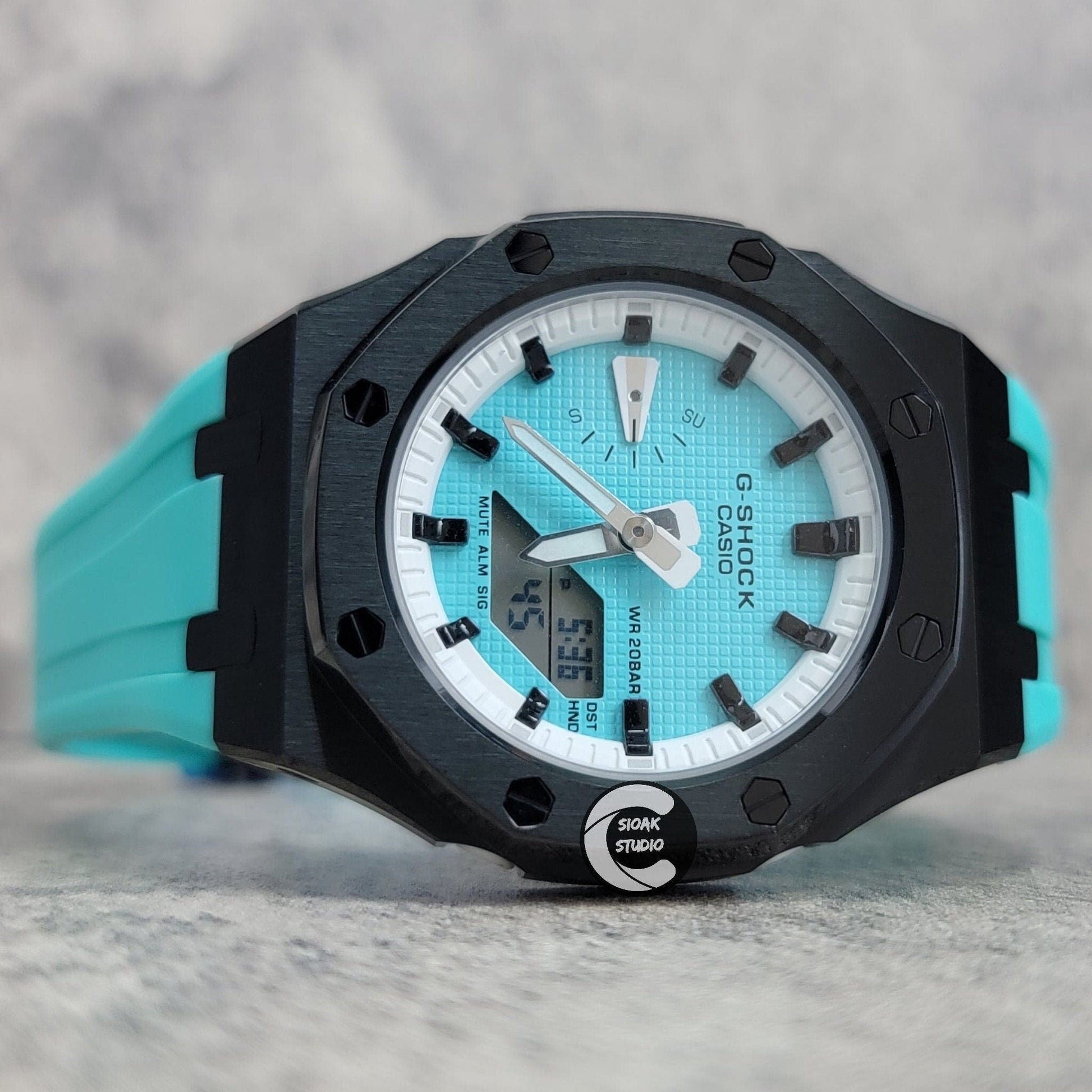 Casioak Mod Watch Black Case Tiffany Rubber Strap White Black Time Mark Tiffany Blue Dial 42mm - Casioak Studio