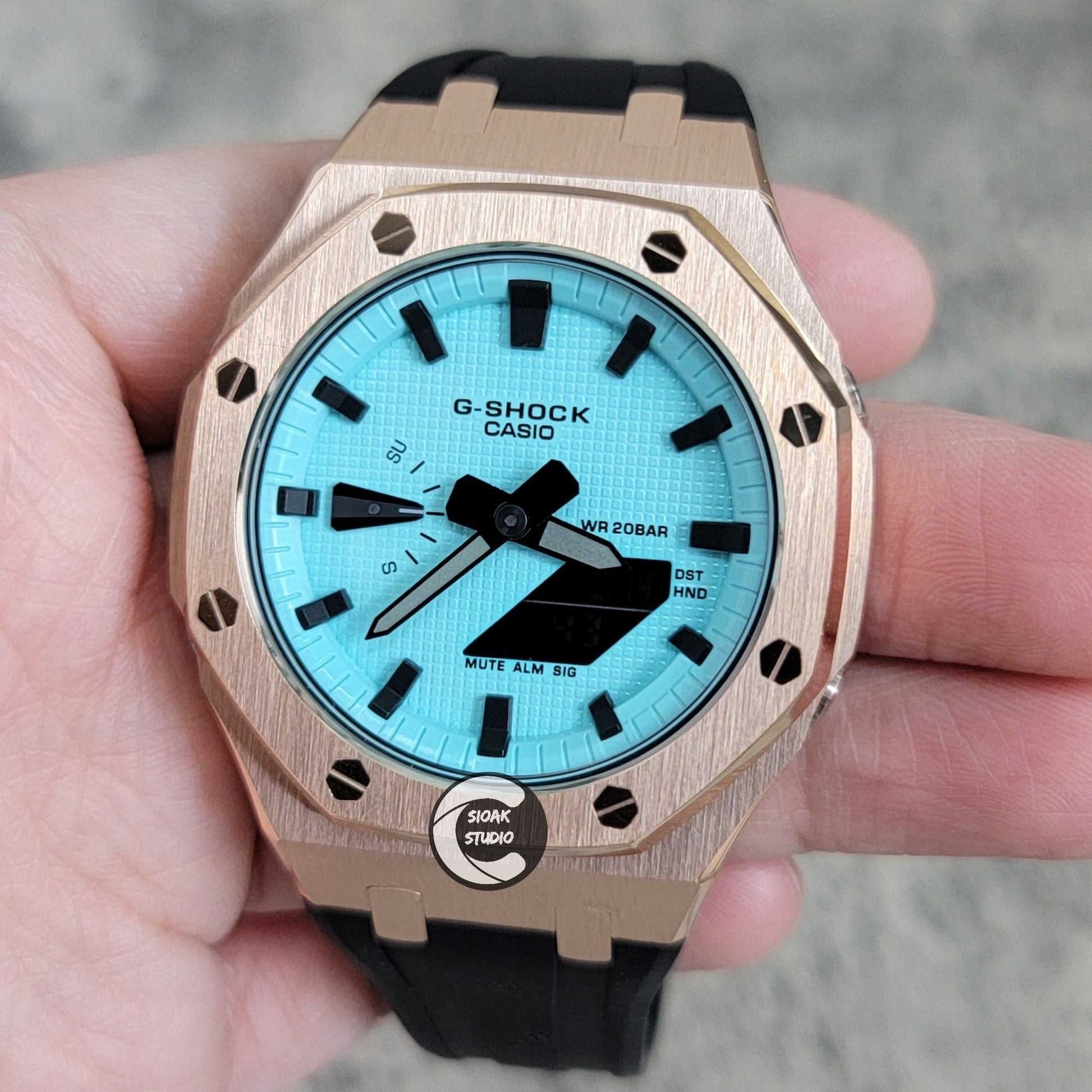 Casioak Mod Watch Rose Gold Case Black Rubber Strap Tiffany Time Mark Tiffany Blue Dial 44mm - Casioak Studio