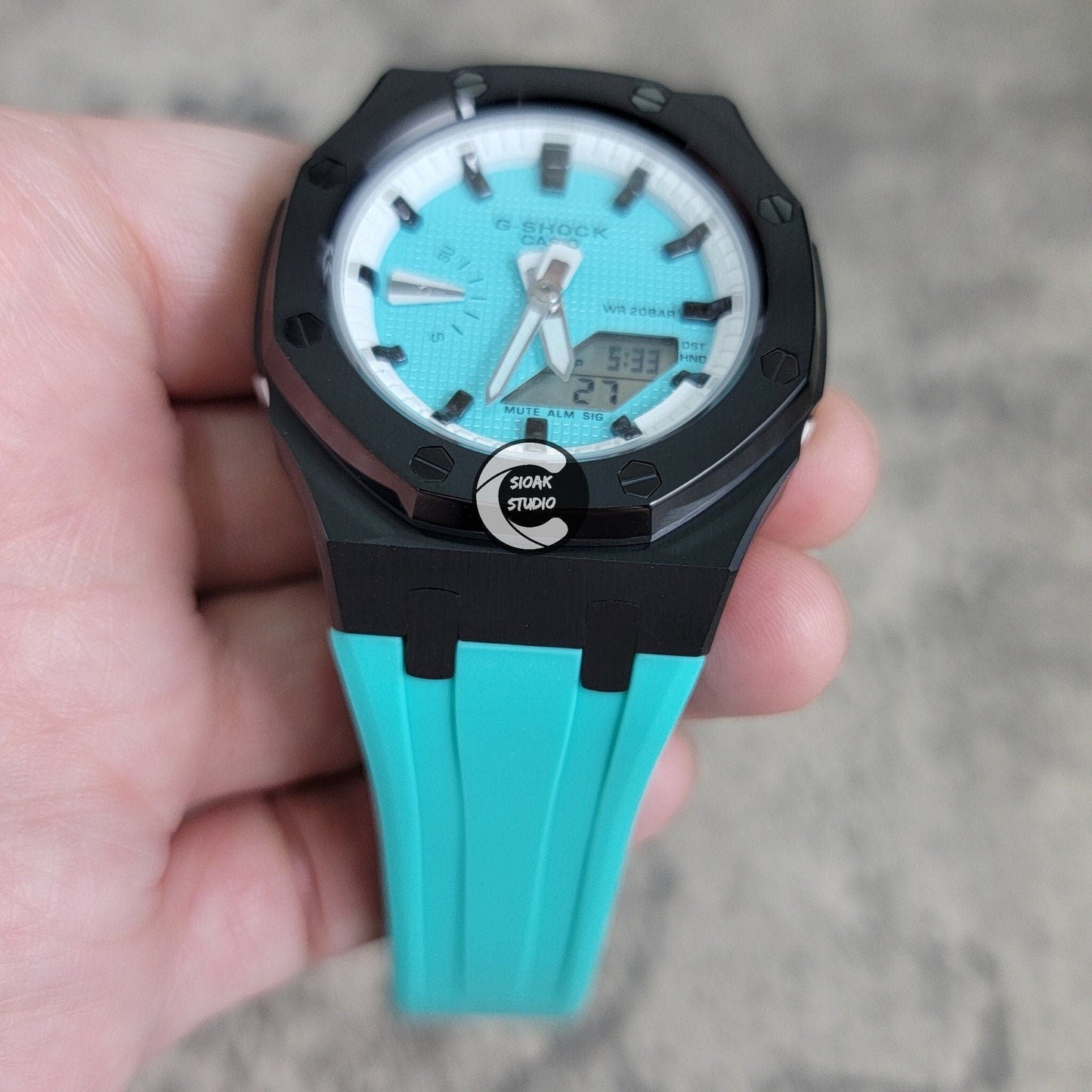 Casioak Mod Watch Black Case Tiffany Rubber Strap White Black Time Mark Tiffany Blue Dial 42mm - Casioak Studio