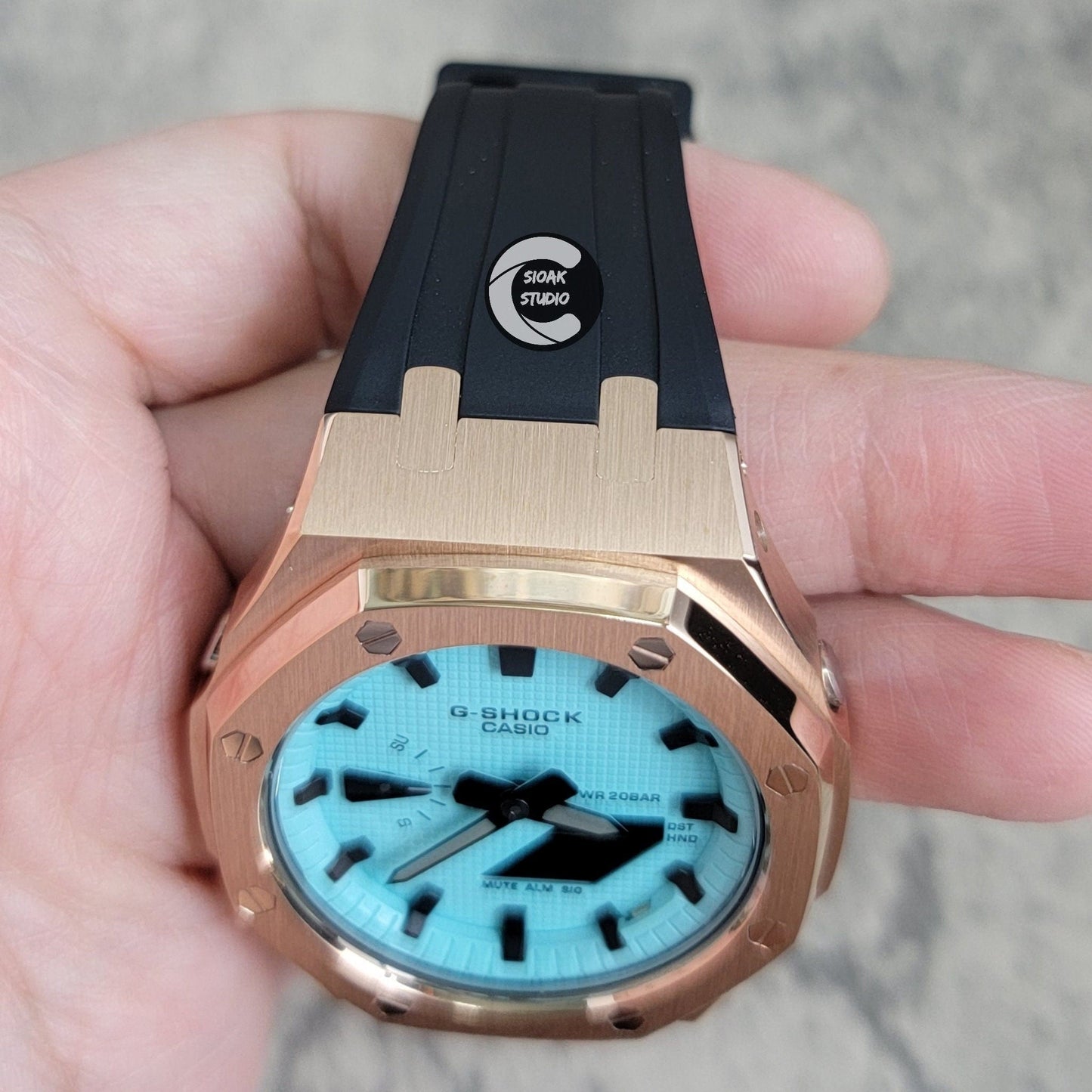 Casioak Mod Watch Rose Gold Case Black Rubber Strap Tiffany Time Mark Tiffany Blue Dial 44mm - Casioak Studio