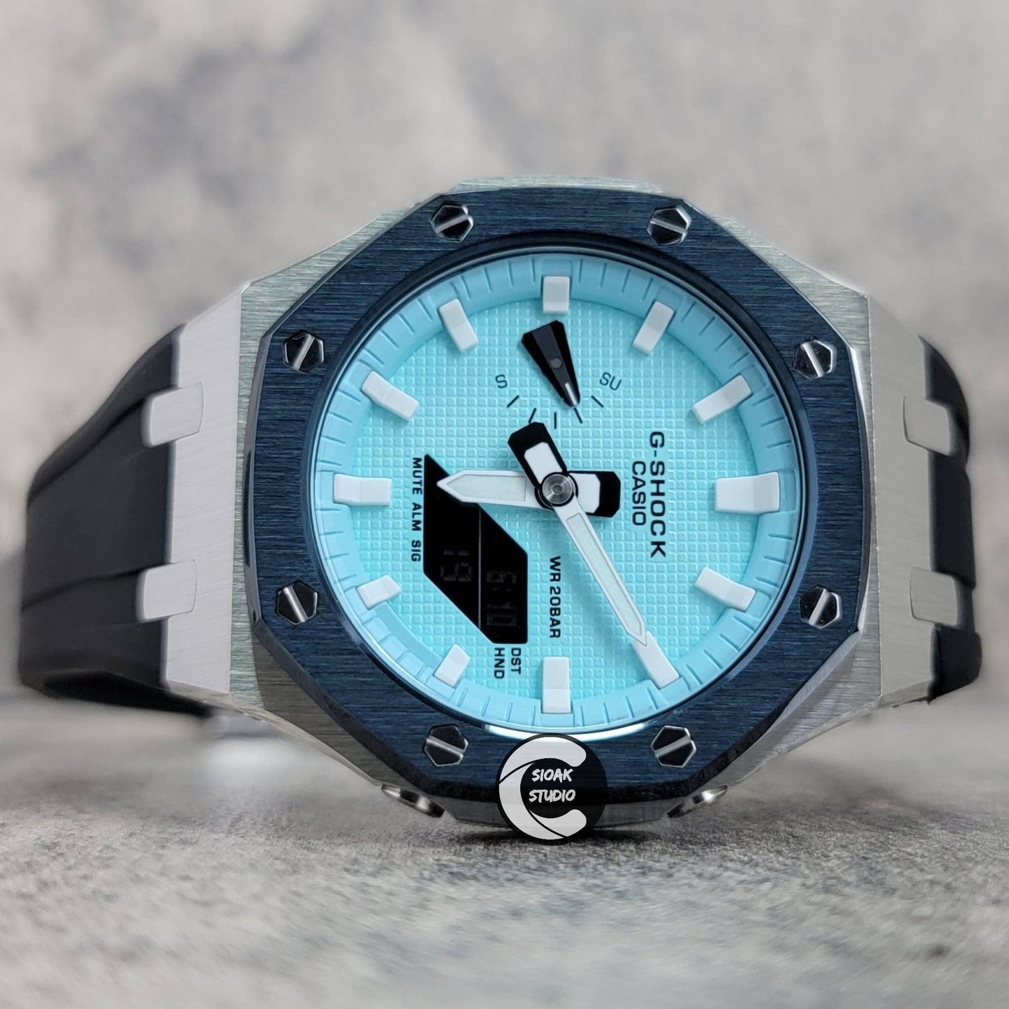 Casioak Mod Watch Blue Silver Case Black Rubber Strap Tiffany White Time Mark Tiffany Blue Dial 44mm - Casioak Studio