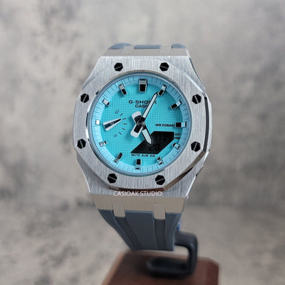 Casioak Mod Watch Silver Case Gray Rubber Strap Tiffany Silver Time Mark Tiffany Blue Dial 42mm - Casioak Studio