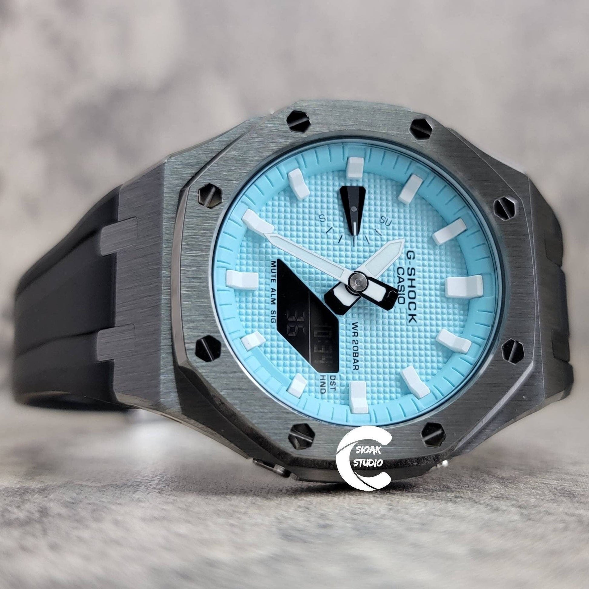 Casioak Mod Watch Gray Case Black Rubber Strap Tiffany White Time Mark Tiffany Blue Dial 44mm - Casioak Studio