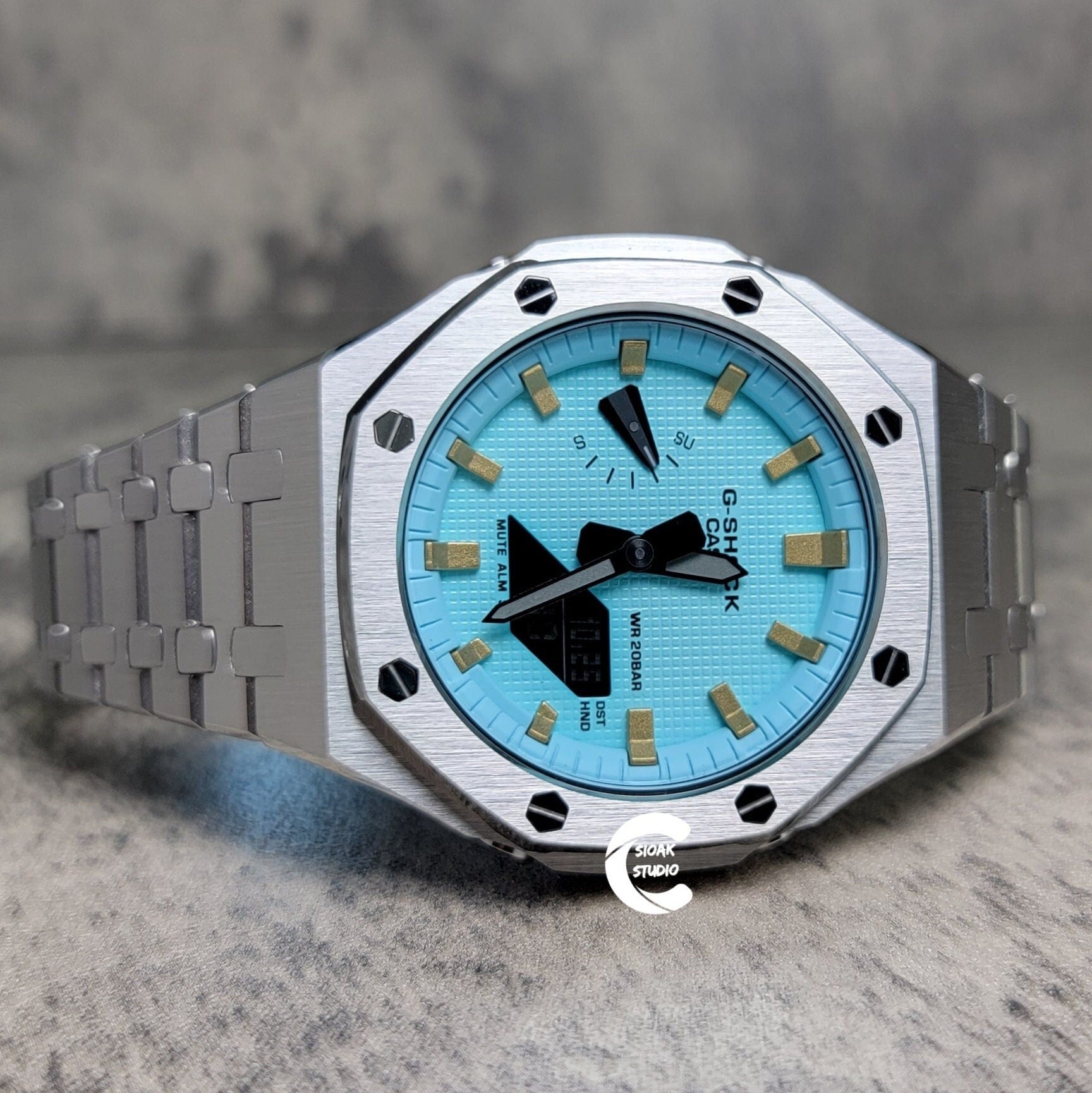 Casioak Mod Watch Silver Case Metal Strap Tiffany Gold Time Mark Tiffany Blue Dial 44mm - Casioak Studio