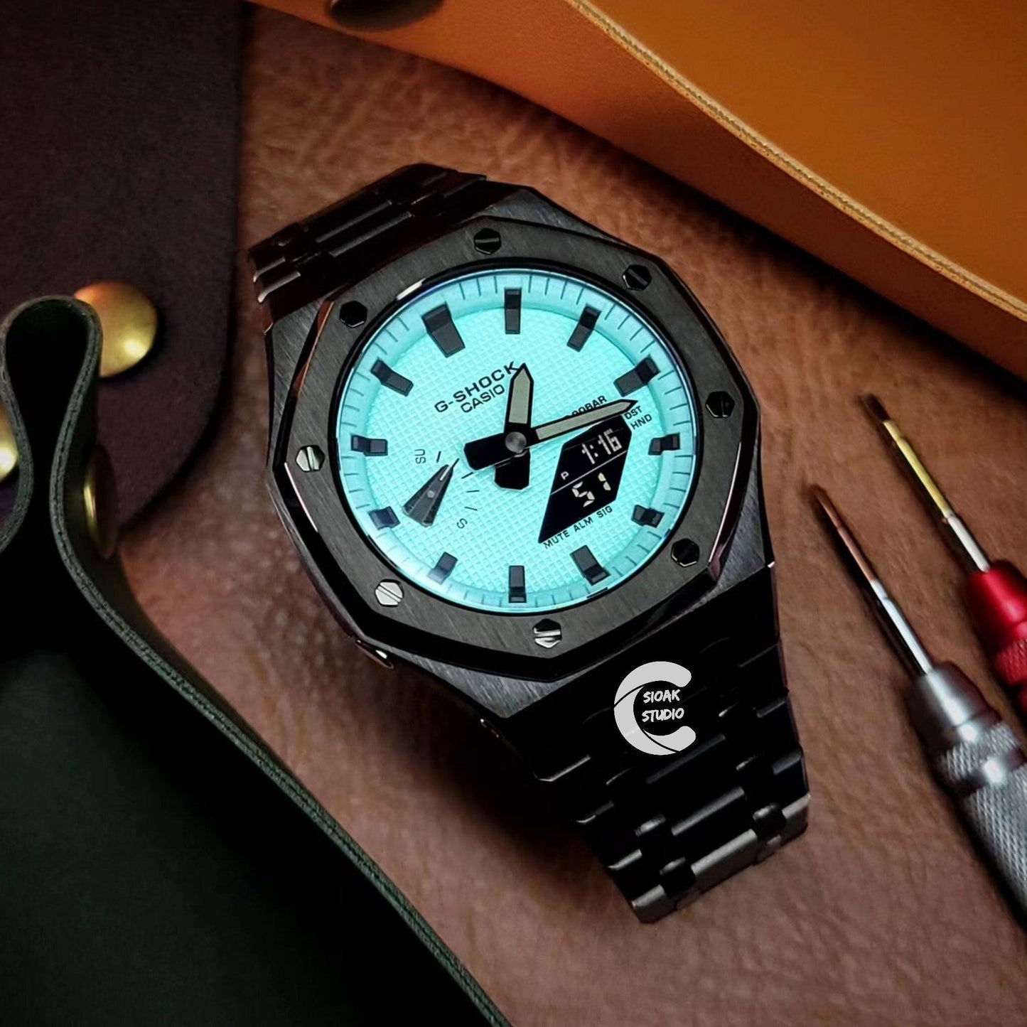 Casioak Mod Watch Black Case Metal Strap Tiffany Black Time Mark Tiffany Blue Dial 44mm - Casioak Studio