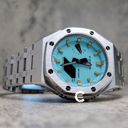 Casioak Mod Watch Silver Case Metal Strap Tiffany Gold Time Mark Tiffany Blue Dial 44mm - Casioak Studio