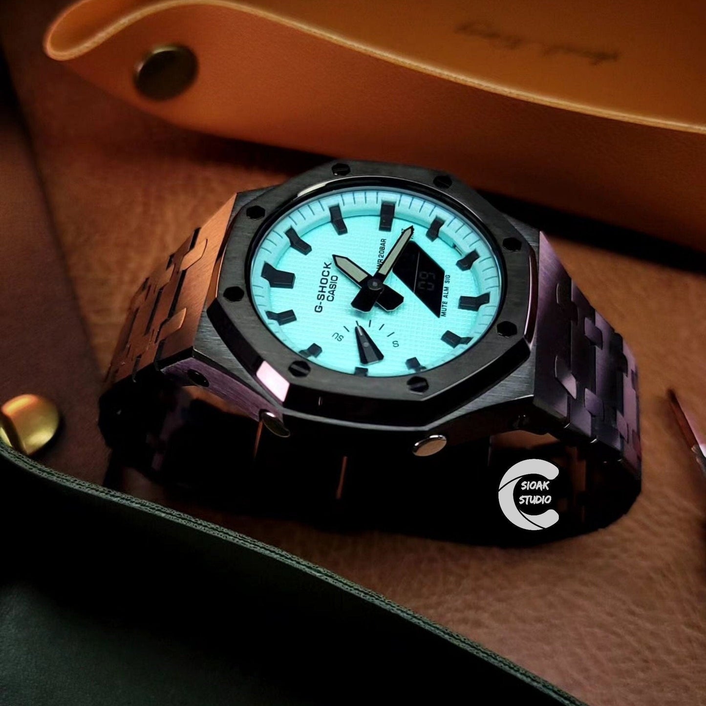 Casioak Mod Watch Black Case Metal Strap Tiffany Black Time Mark Tiffany Blue Dial 44mm - Casioak Studio