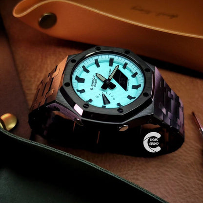 Casioak Mod Watch Black Case Metal Strap Tiffany Black Time Mark Tiffany Blue Dial 44mm - Casioak Studio