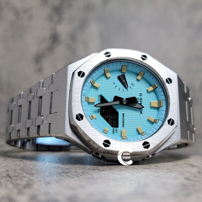 Casioak Mod Watch Silver Case Metal Strap Tiffany Gold Time Mark Tiffany Blue Dial 44mm - Casioak Studio