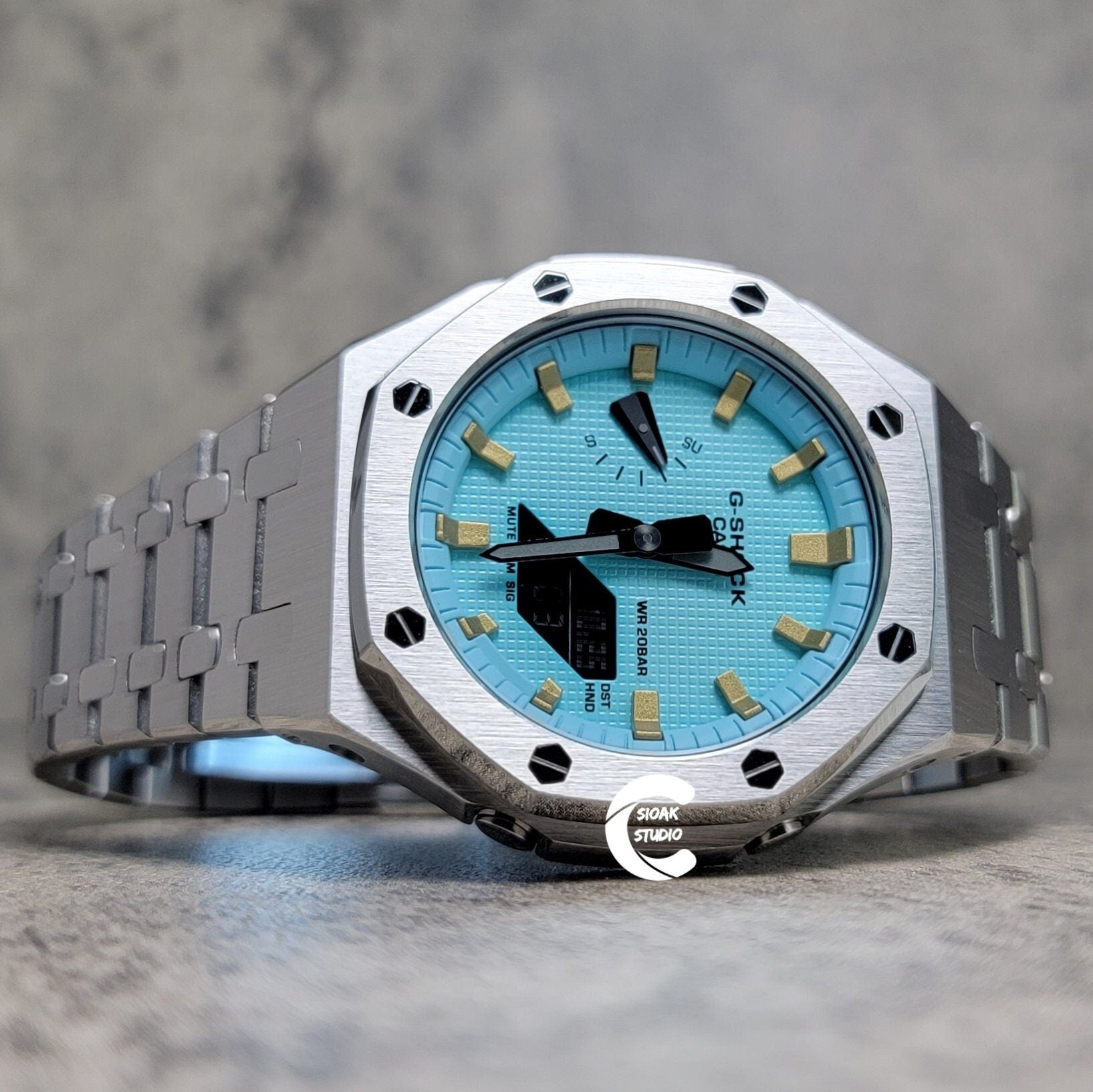 Casioak Mod Watch Silver Case Metal Strap Tiffany Gold Time Mark Tiffany Blue Dial 44mm - Casioak Studio