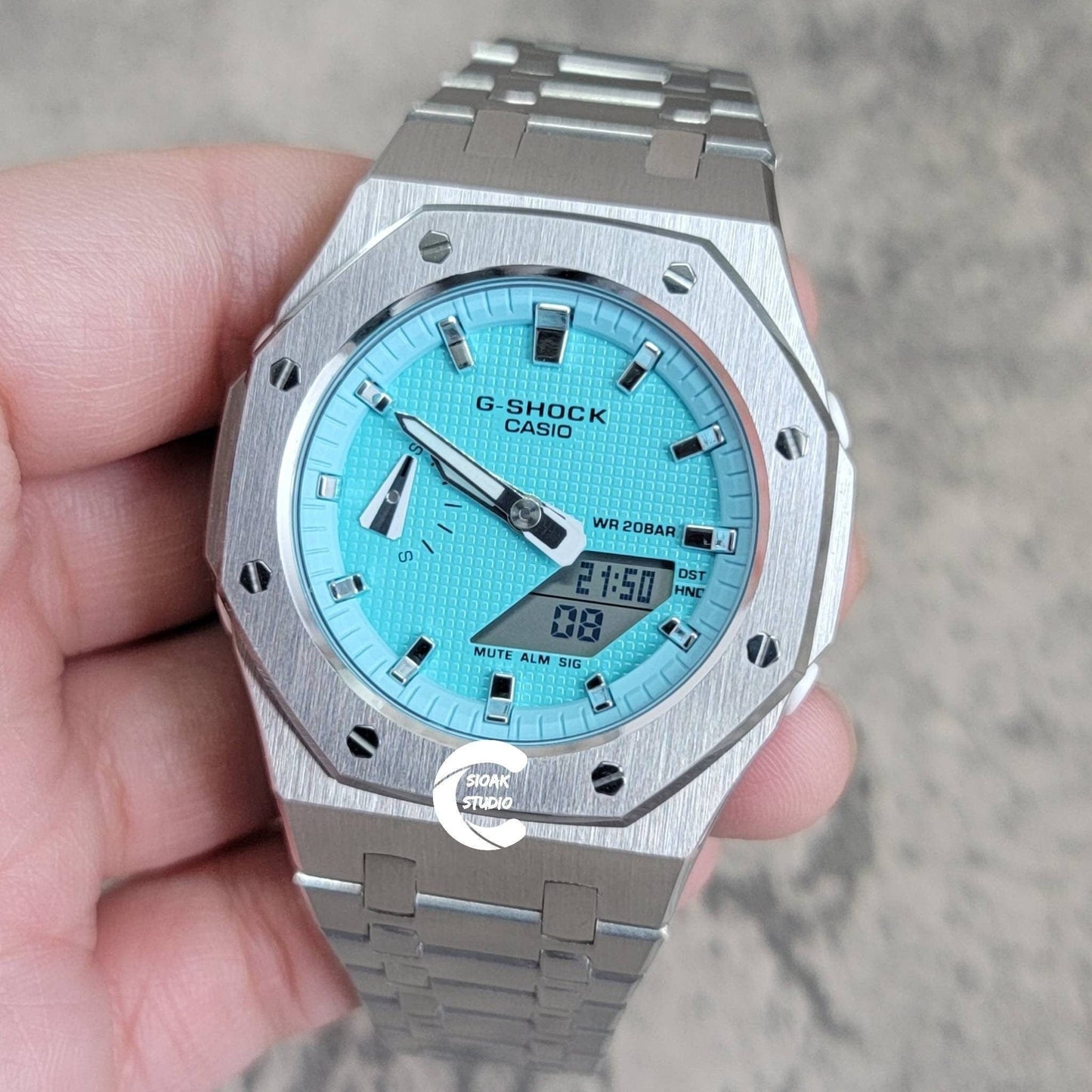 Casioak Mod Watch Silver Case Metal Strap Tiffany Silver Time Mark Tiffany Blue Dial 42mm - Casioak Studio