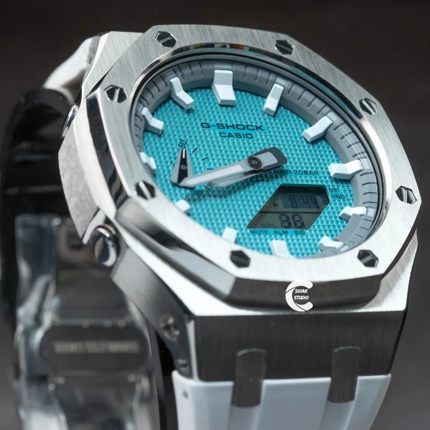 Casioak Mod Watch Silver Case White Rubber Strap Light Gray White Time Mark Tiffany Blue Dial 44mm - Casioak Studio