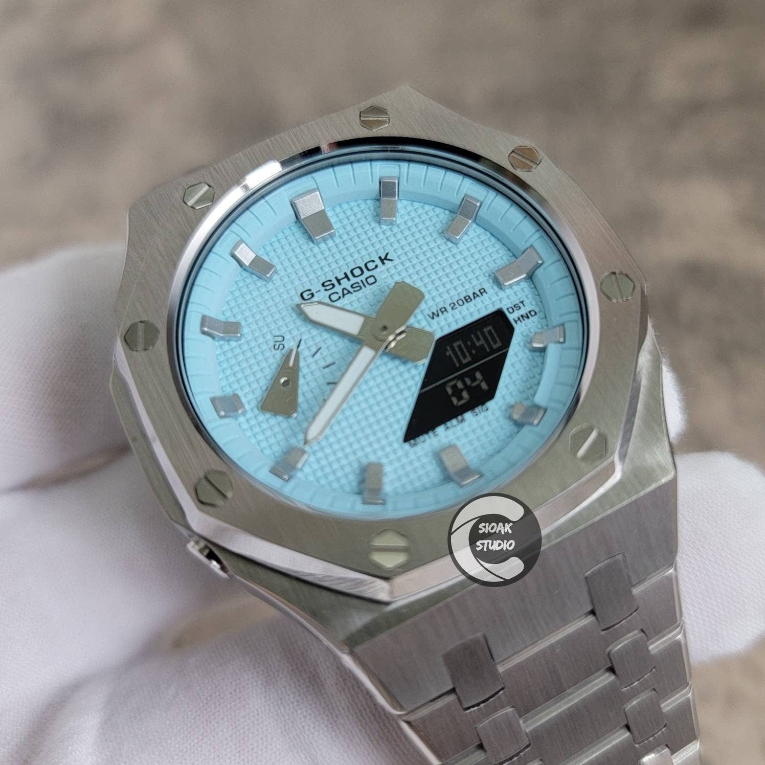 Casioak Mod Watch Silver Case Metal Strap Tiffany Silver Time Mark Tiffany Blue Dial 44mm - Casioak Studio