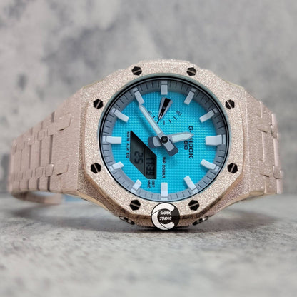 Casioak Mod Watch Frosted Rose Gold Case Metal Strap Light Gray White Time Mark Tiffany Blue Dial 44mm - Casioak Studio