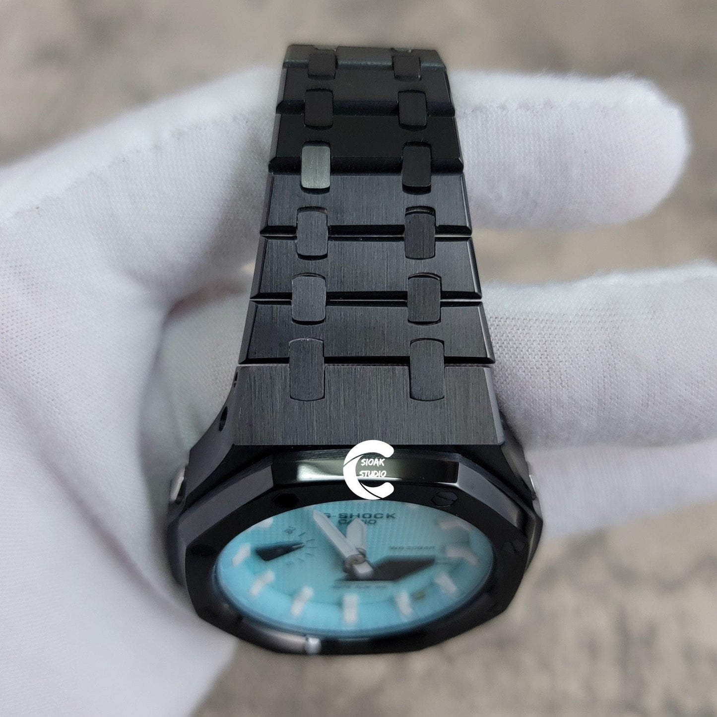 Casioak Mod Watch Black Case Metal Strap Tiffany White Time Mark Tiffany Blue Dial 44mm - Casioak Studio