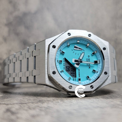 Casioak Mod Watch Silver Case Metal Strap Tiffany Silver Time Mark Tiffany Blue Dial 42mm - Casioak Studio