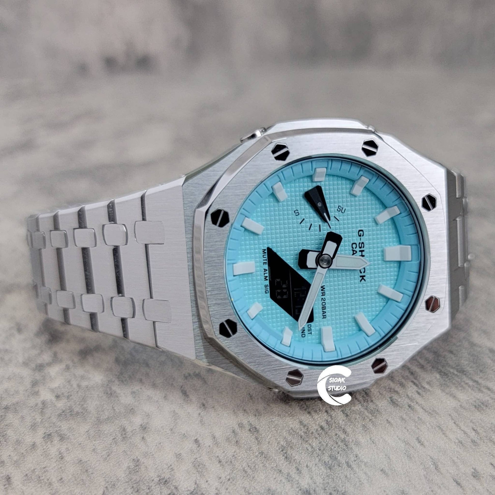 Casioak Mod Watch Silver Case Metal Strap Tiffany White Time Mark Tiffany Blue Dial 44mm - Casioak Studio