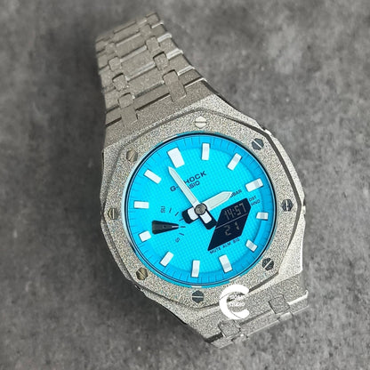 Casioak Mod Watch Frosted Silver Case Metal Strap Tiffany White Time Mark Tiffany Blue Dial 44mm - Casioak Studio