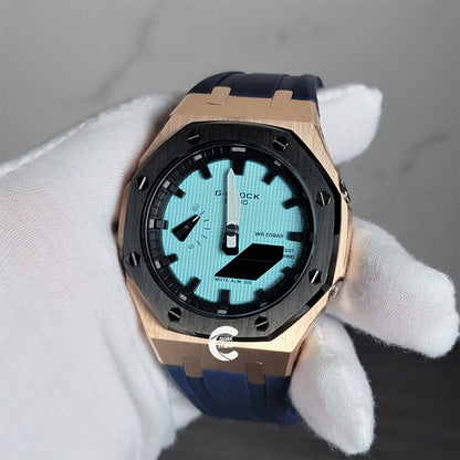 Casioak Mod Watch Black Rose Gold Case Black Rubber Strap Black Time Mark Tiffany Blue Dial 44mm - Casioak Studio