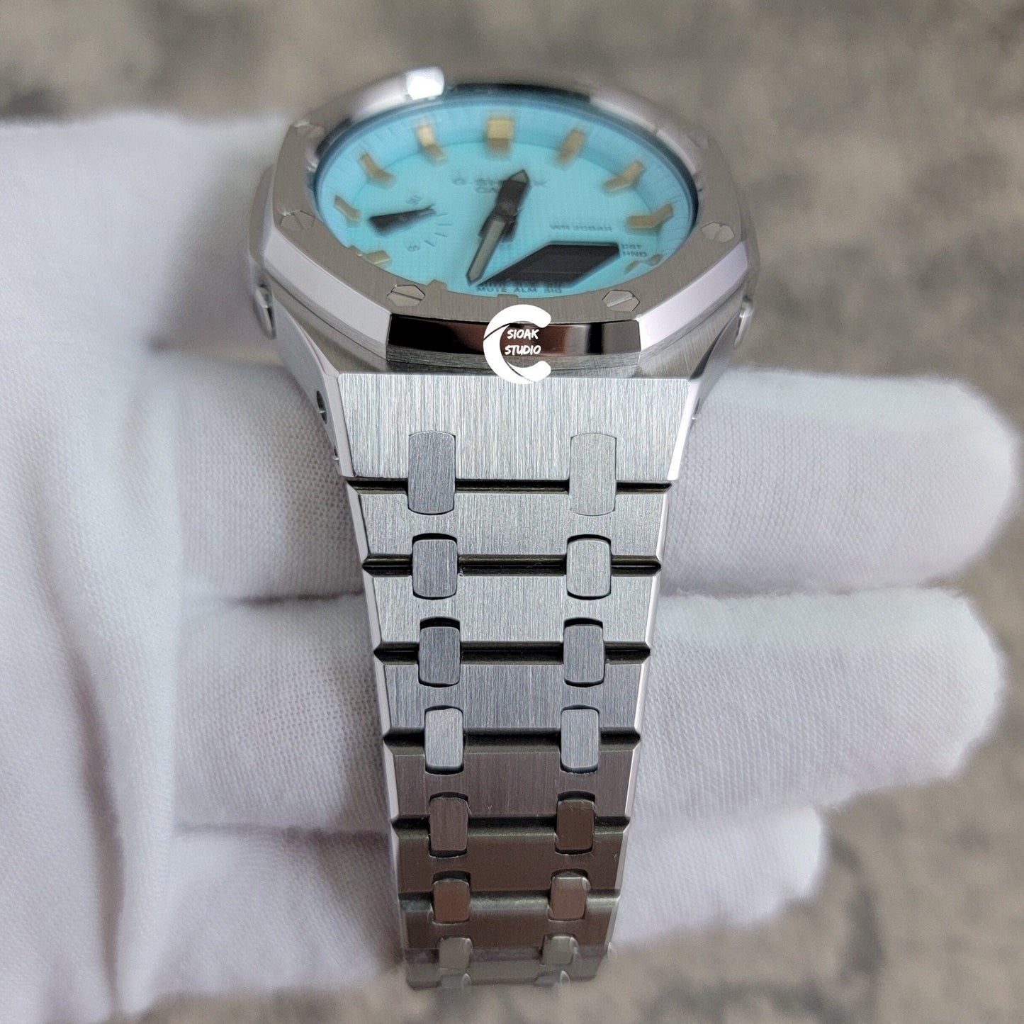 Casioak Mod Watch Silver Case Metal Strap Tiffany Silver Time Mark Tiffany Blue Dial 44mm - Casioak Studio