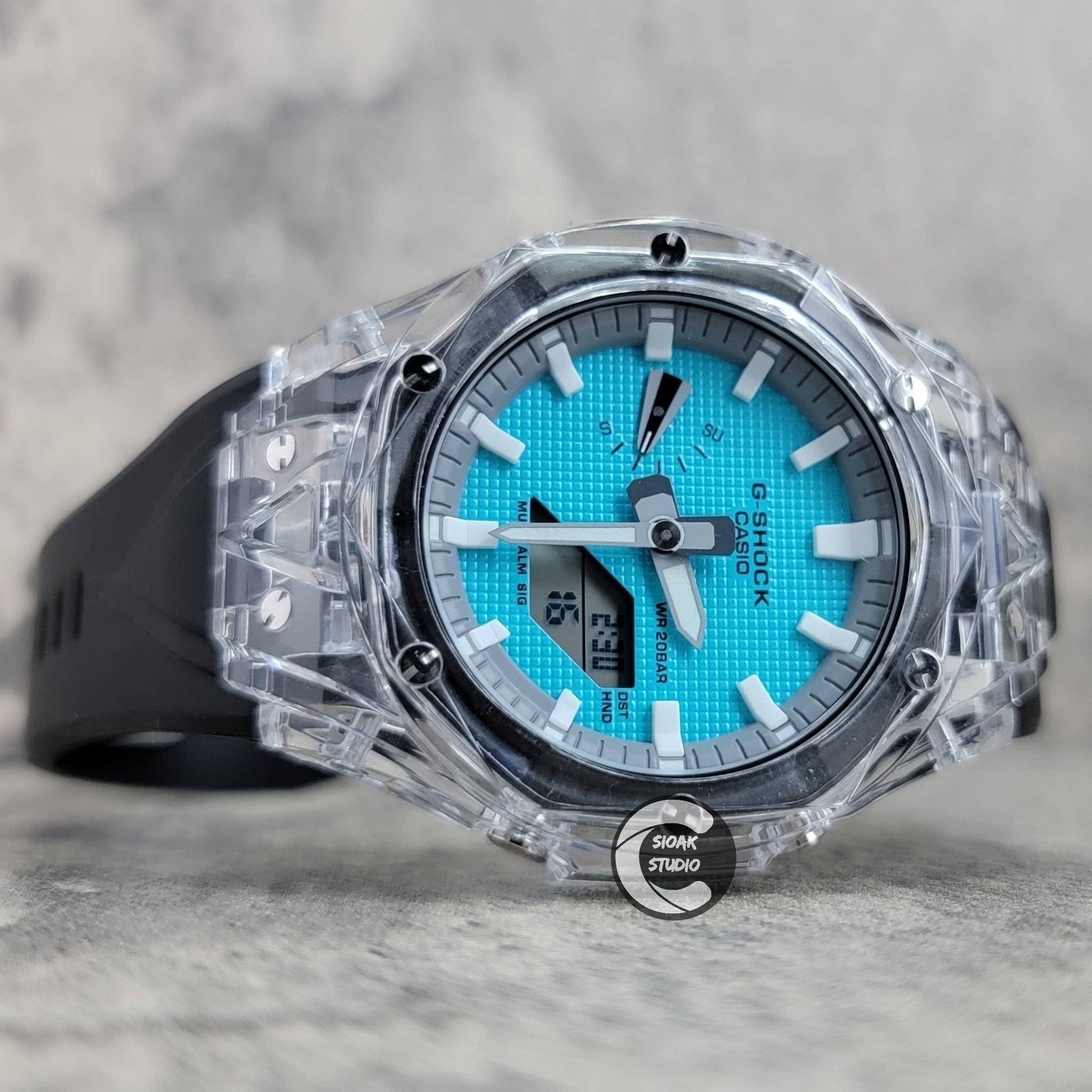 Casioak Mod Watch Transparent Case Black Strap Gray White Time Mark Tiffany Blue Dial 44mm - Casioak Studio