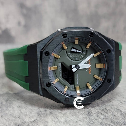 Casioak Mod Watch Black Case Green Rubber Strap Black Gold Time Mark Olove Dial 44mm - Casioak Studio