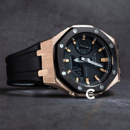 Casioak Mod Watch Black Rose Gold Case Black Rubber Strap Black Rose Gold Time Mark Black Dial 44mm - Casioak Studio