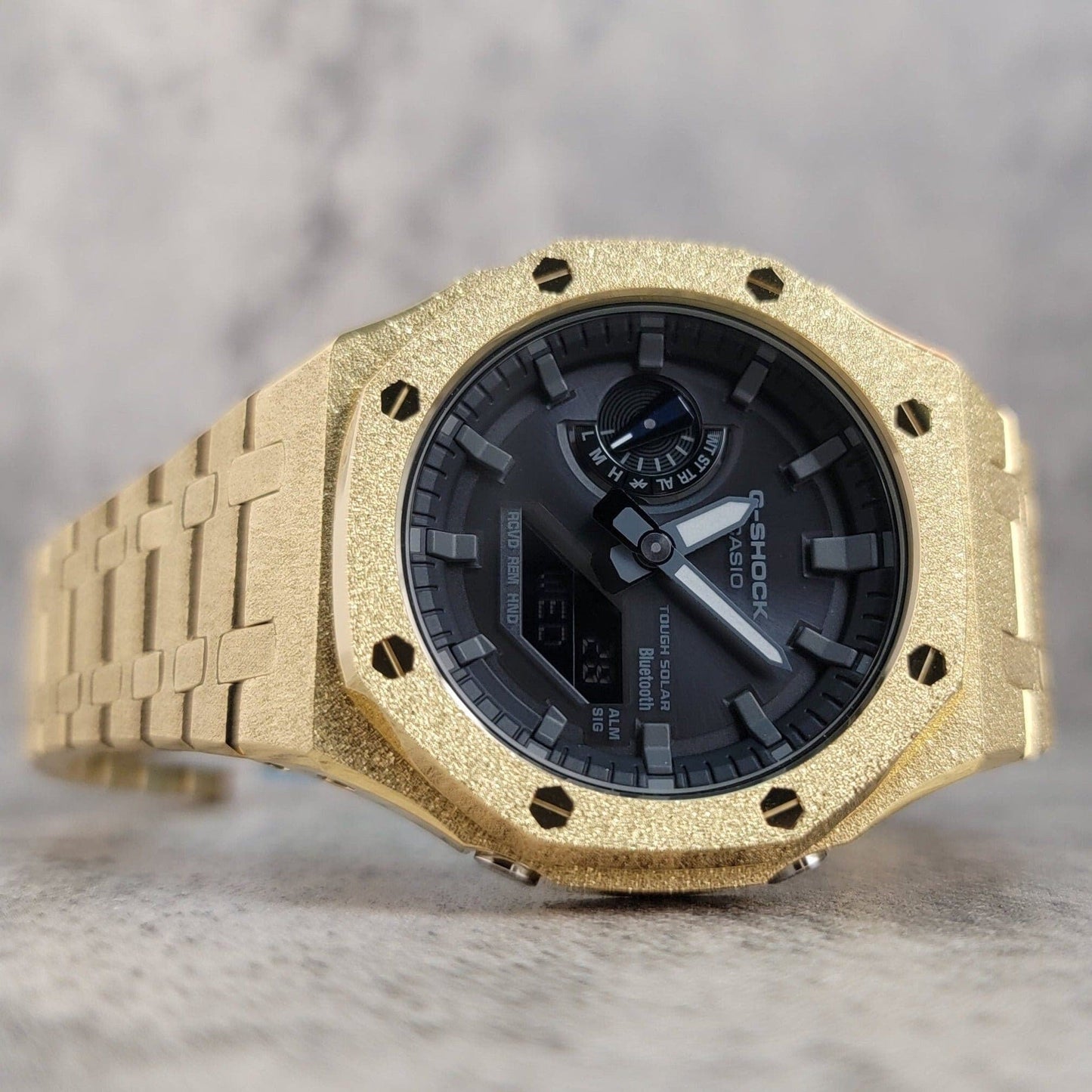 Casioak Mod Watch Solar Bluetooth Frosted Gold Case Metal Strap Black Gray Time Mark Black Dial 44mm G SHOCK CUSTOM - Casioak Studio