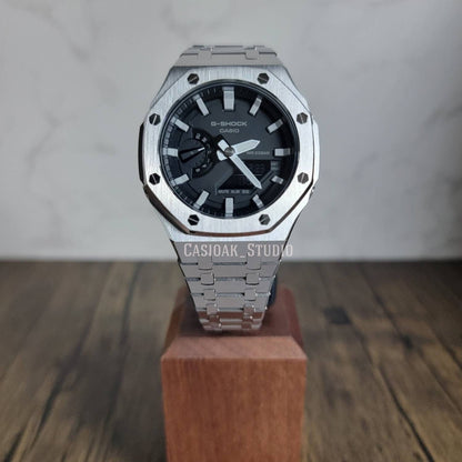 Casioak Mod Watch Silver Case Metal Strap Black Light Gray Time Mark Black Dial 44mm - Casioak Studio