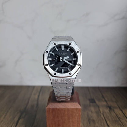 Casioak Mod Watch Silver Case Metal Strap Black Light Gray Time Mark Black Dial 44mm - Casioak Studio