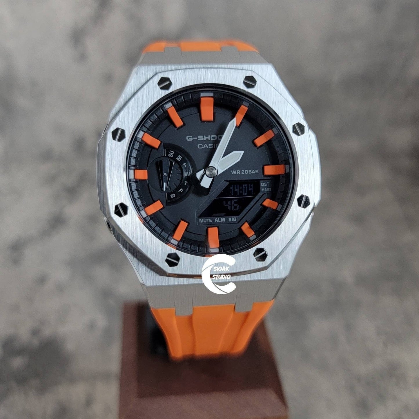 Casioak Mod Watch Silver Case Orange Rubber Strap Black Orange Time Mark Black Dial 44mm - Casioak Studio