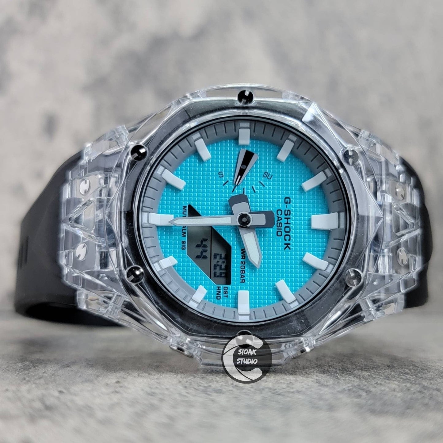 Casioak Mod Watch Transparent Case Black Strap Gray White Time Mark Tiffany Blue Dial 44mm - Casioak Studio