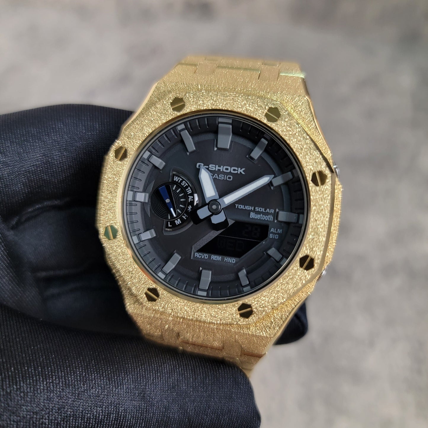 Casioak Mod Watch Solar Bluetooth Frosted Gold Case Metal Strap Black Gray Time Mark Black Dial 44mm G SHOCK CUSTOM - Casioak Studio