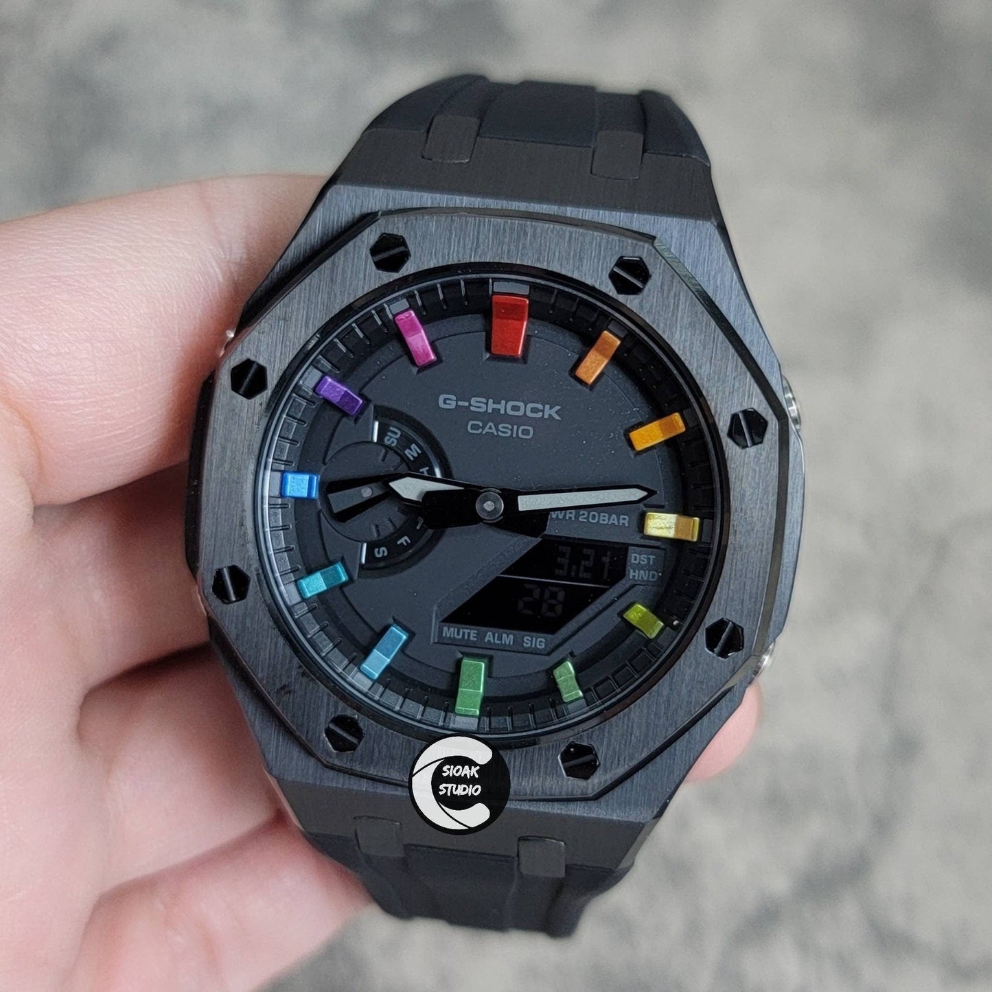 Casioak Mod Watch Black Case Black Rubber Strap Black  Rainbow Time Mark Black Dial 44mm - Casioak Studio