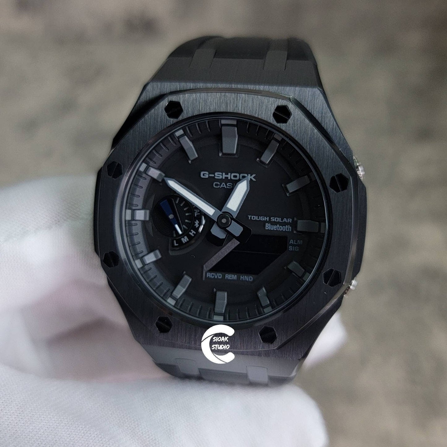 Casioak Mod Watch Solar Bluetooth Black Case Black Rubber Strap Black Gray Time Mark Black Gray Dial 44mm - Casioak Studio