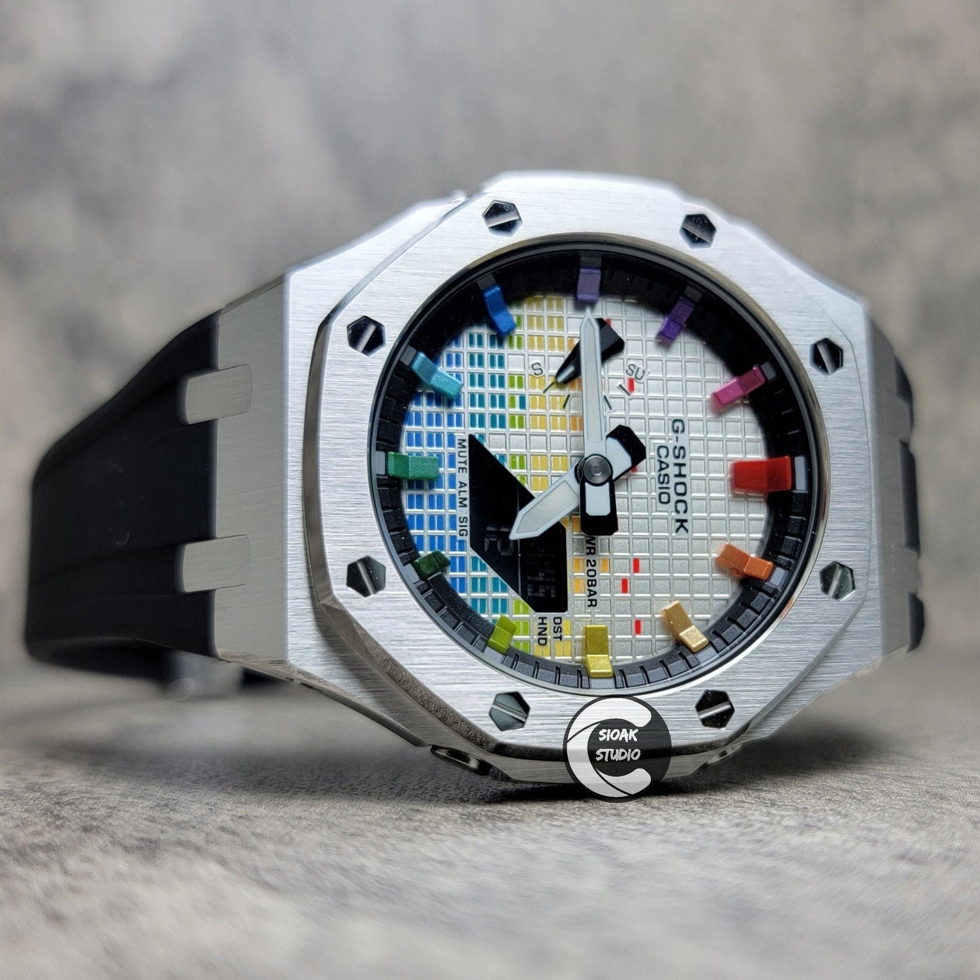 Casioak Mod Watch Silver Case Black Rubber Strap Black  Rainbow Time Mark Music Dial 44mm - Casioak Studio