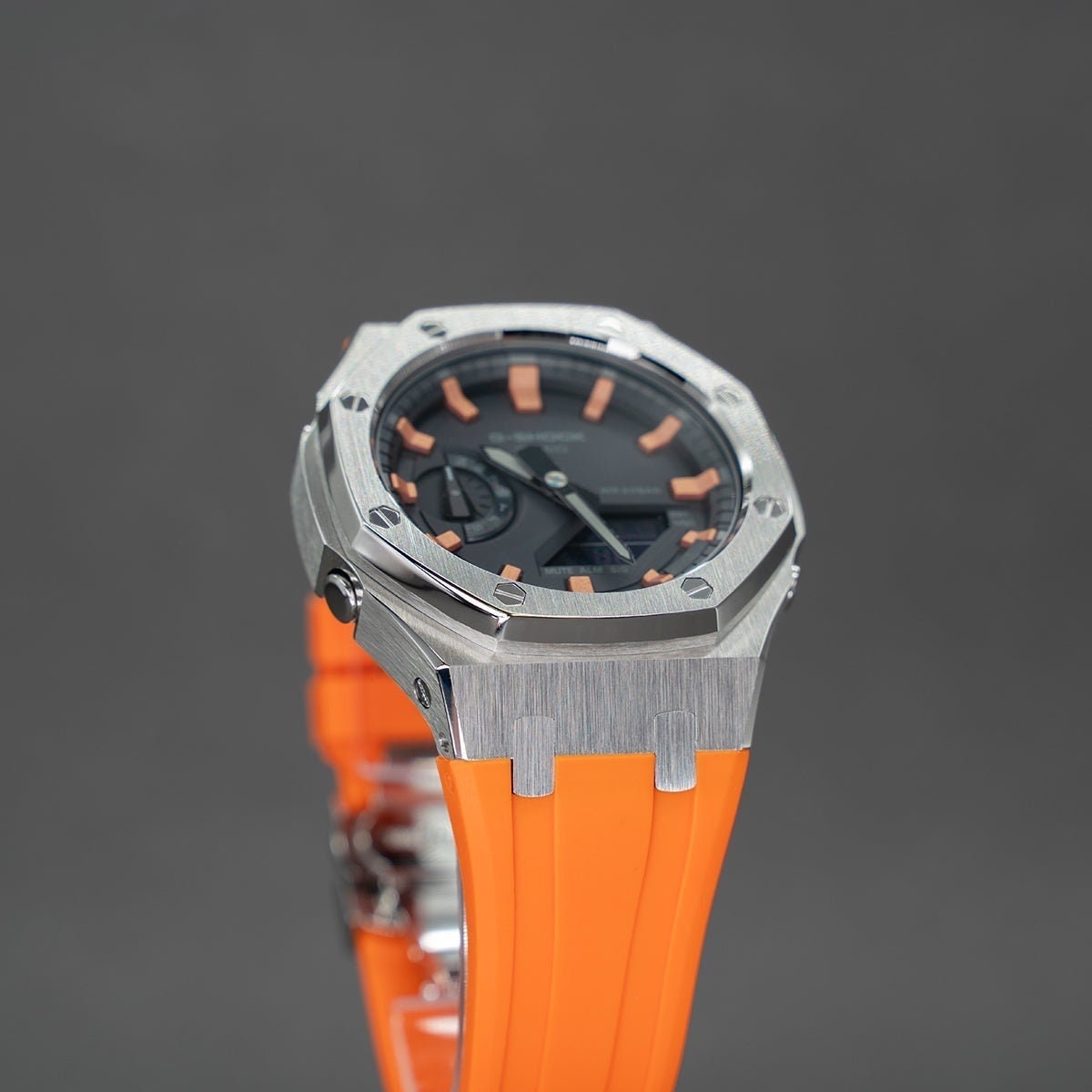 Casioak Mod Watch Silver Case Orange Rubber Strap Black Rose Gold Time Mark Black Dial 44mm - Casioak Studio