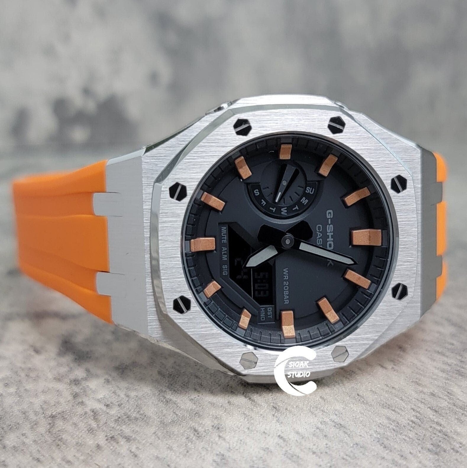 Casioak Mod Watch Silver Case Orange Rubber Strap Black  Rose Gold Time Mark Black Dial 44mm - Casioak Studio